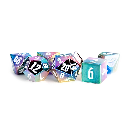 Alu Rainbow Aegis w White Numbers - Polyhedral Aluminium Plated Acrylic 16mm - Rollespils Terning Sæt - Metallic Dice Games